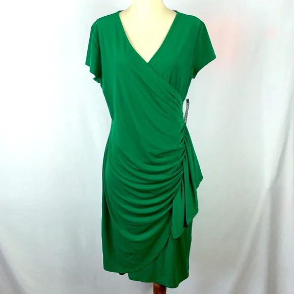 NWT. New York & Company Green Faux Wrap Dress w/Cascading Side - Size Medium - Picture 1 of 17